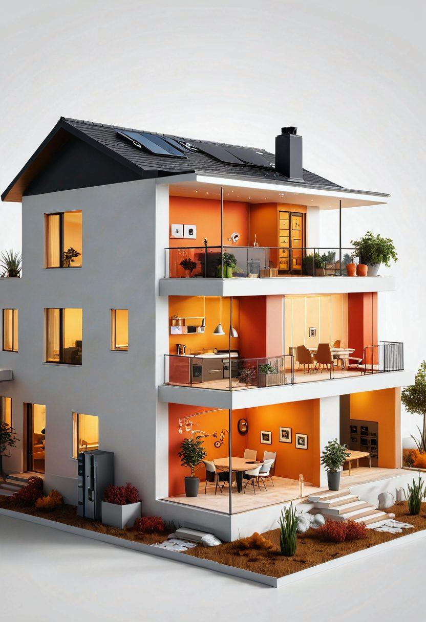 A cozy, beautifully designed home intertwined with web elements like HTML code, servers, and hosting icons, seamlessly blending together to showcase the transformation from web design to web hosting. Warm tones and modern aesthetics create a welcoming yet tech-savvy atmosphere. 3D rendering. vibrant colors. white background.