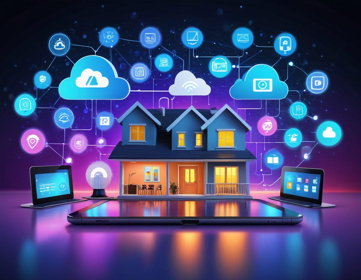 A modern, smart home with interconnected digital devices like a tablet managing security cameras, a smartphone controlling smart lights, and a laptop showing a network dashboard. Include icons of Wi-Fi, cloud storage, and security locks floating around. Blend of futuristic and homey atmosphere. vector art. vibrant colors.